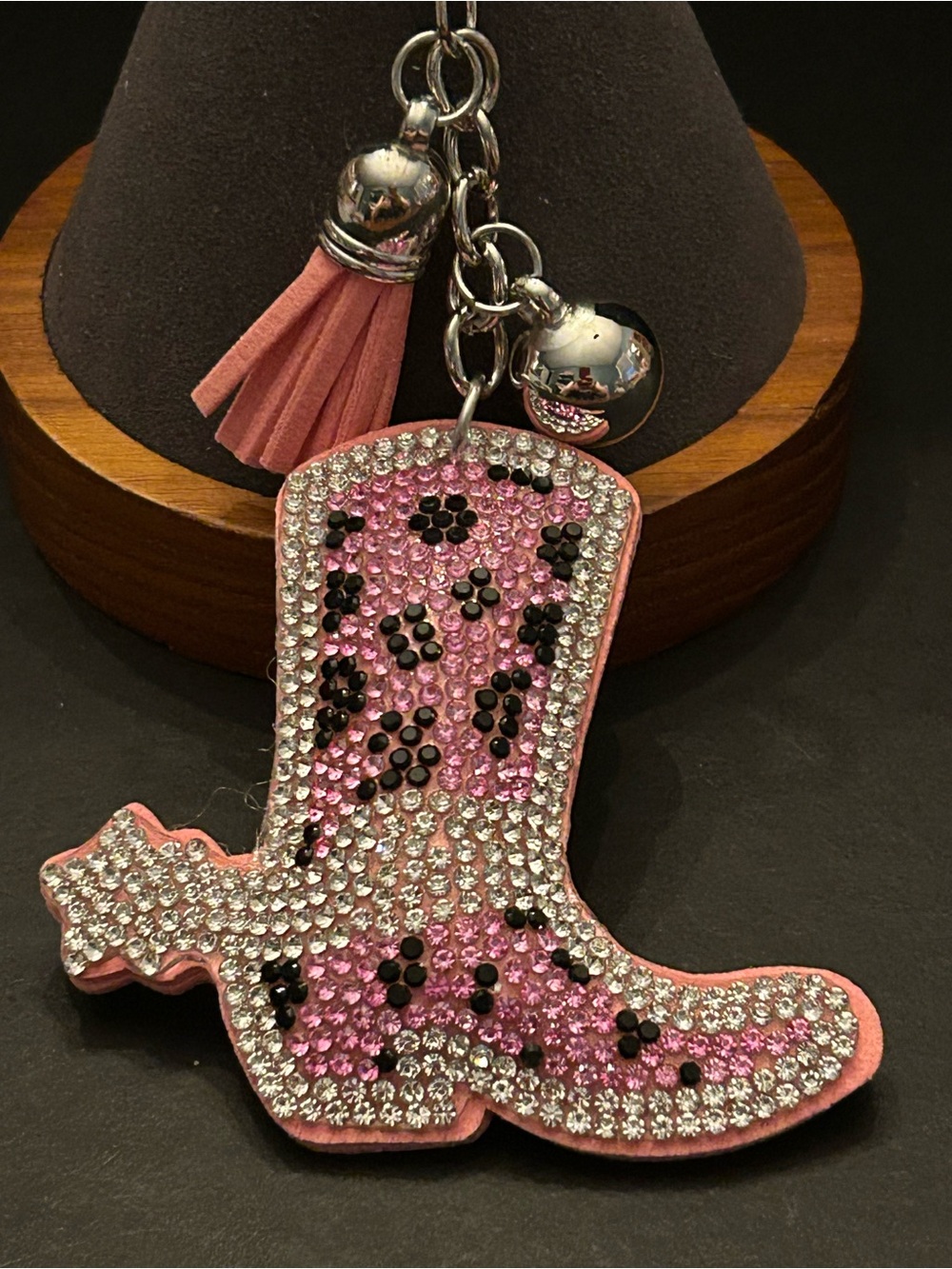 PREMIUM Puffy Pink Crystal Cowboy Boot Bag Charm Keychain Key & Card Holder